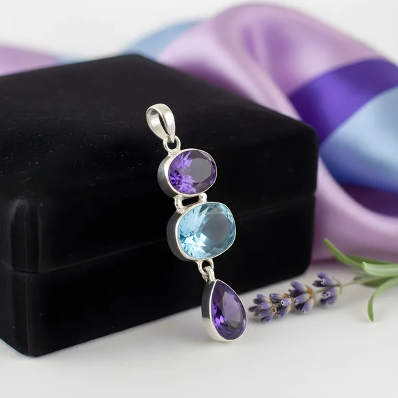 Sterling Silver 925 Pendant With Semiprecious Stones. - Picture 2 of 2